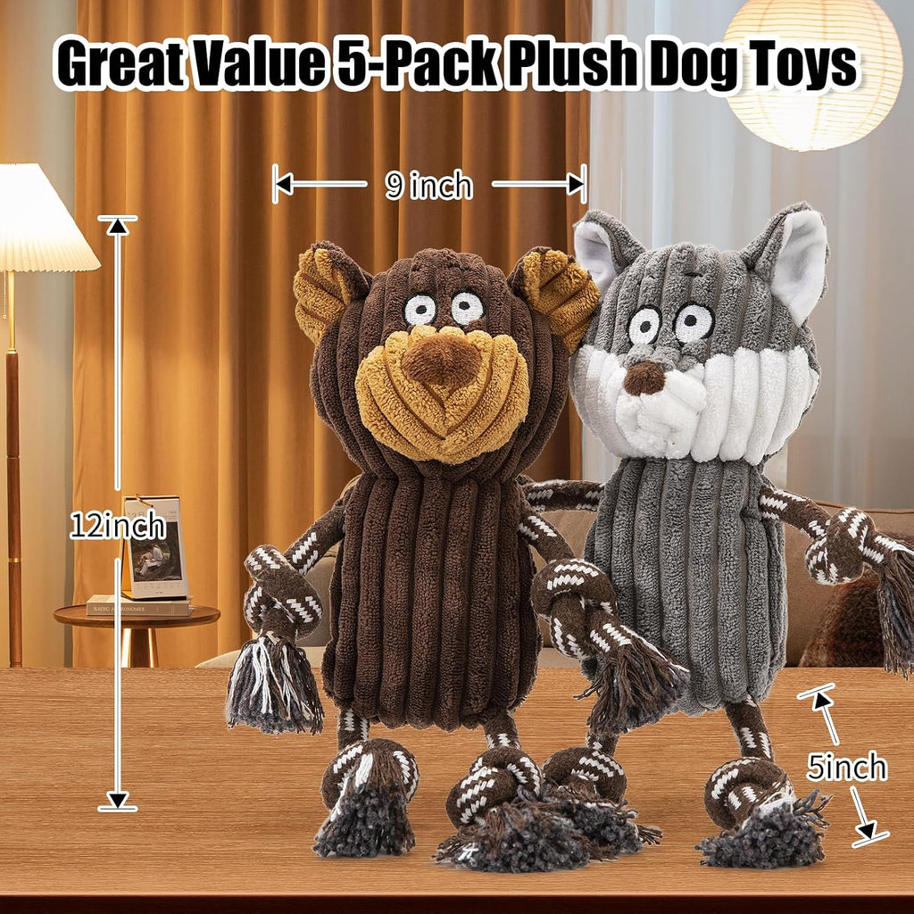 5 pack Large dog Squeaky Toys,Tough Stuffed Plush dog chew Toys Assortment ,Durable plush Animal dog Toys with Tug of Wa