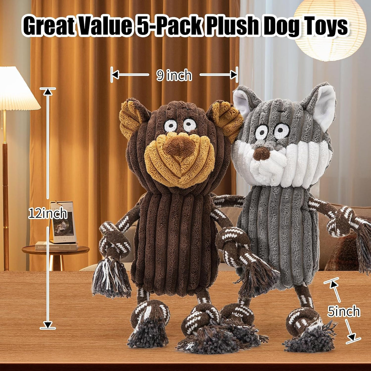 5 pack Large dog Squeaky Toys,Tough Stuffed Plush dog chew Toys Assortment ,Durable plush Animal dog Toys with Tug of Wa
