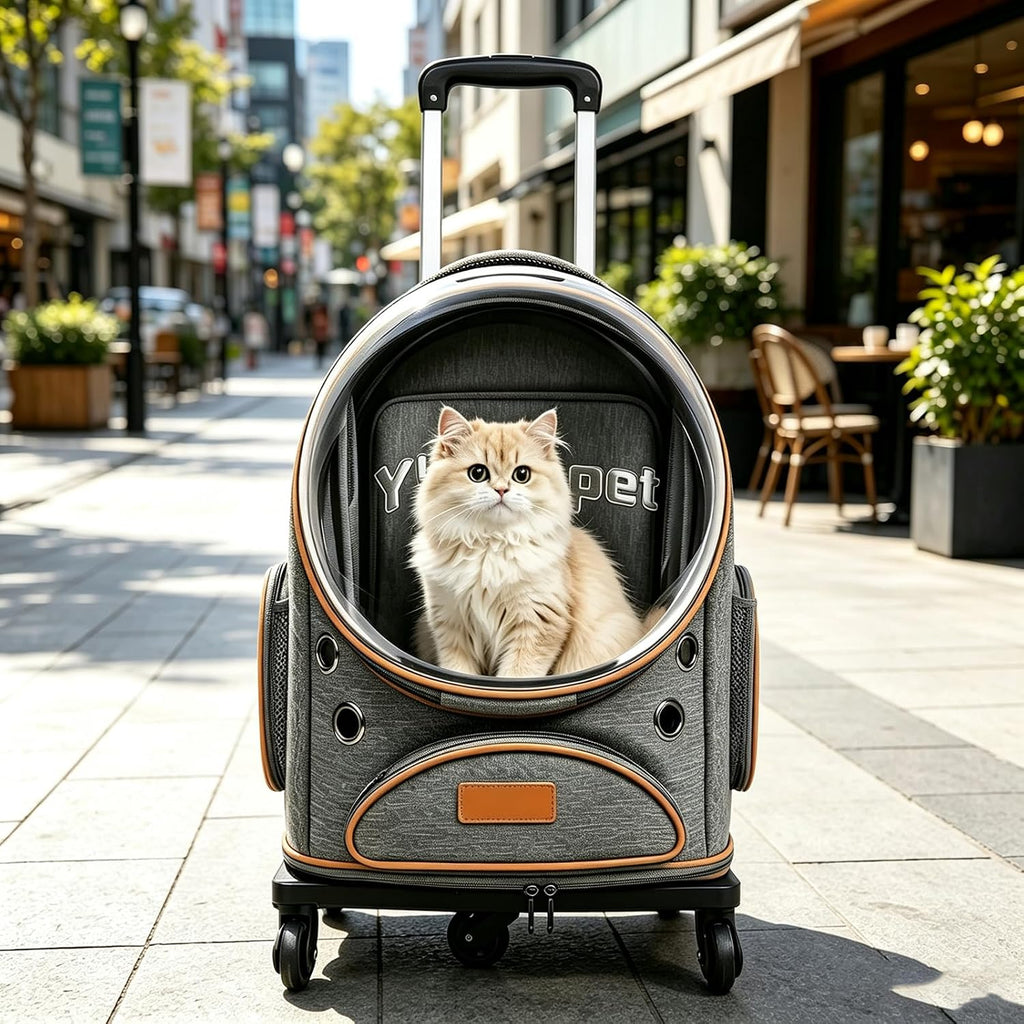 Cat Carrier Backpack with Trolley, Space Capsule Bubble Window (Gray)