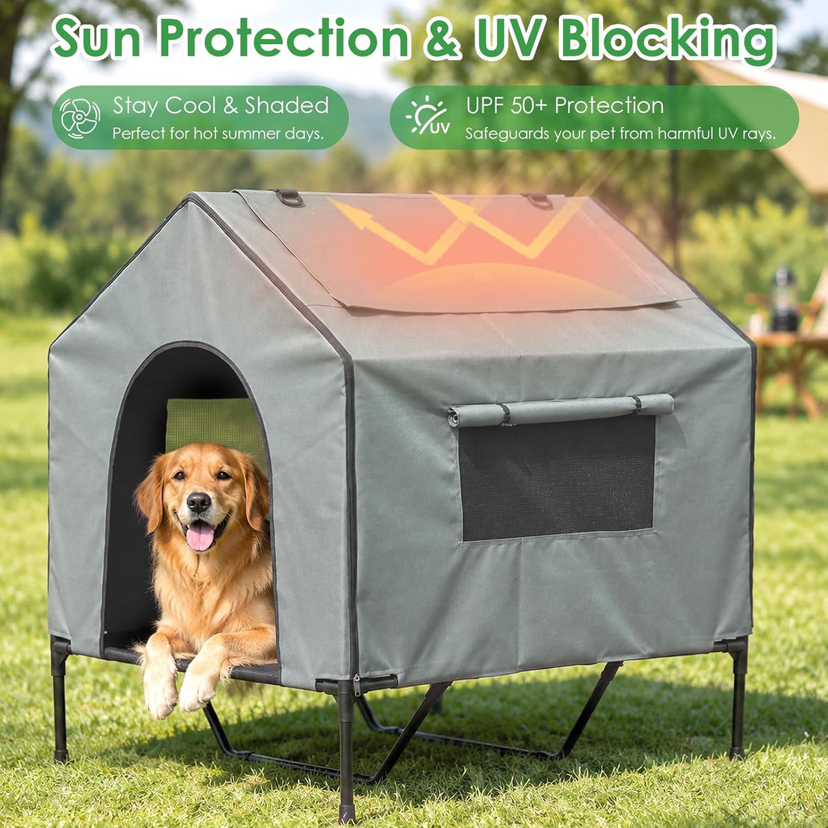 XPIY 3-in-1 Extra Large Dog House Outdoor, 43" Elevated Dog Bed with Canopy