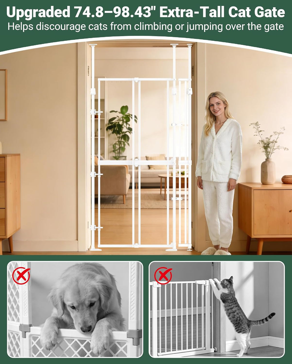 74.80-98.43" Extra Tall Cat Gate for Doorway 20.8-38" Clear Gate