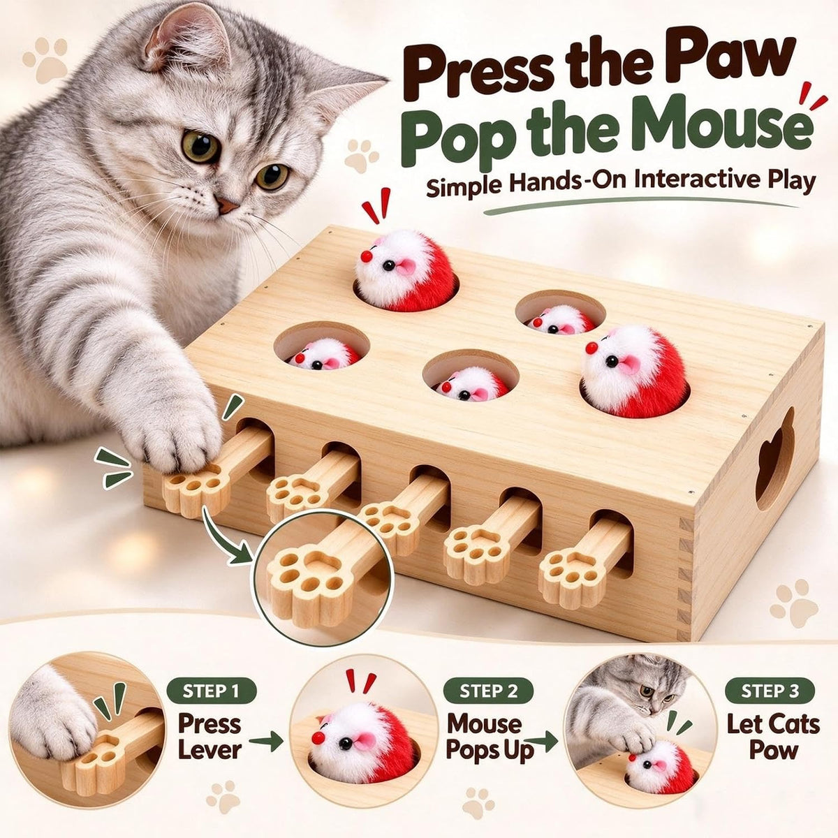 Wooden Whack a Mole Cat Toy Interactive Pop Up Mouse Hunting Game