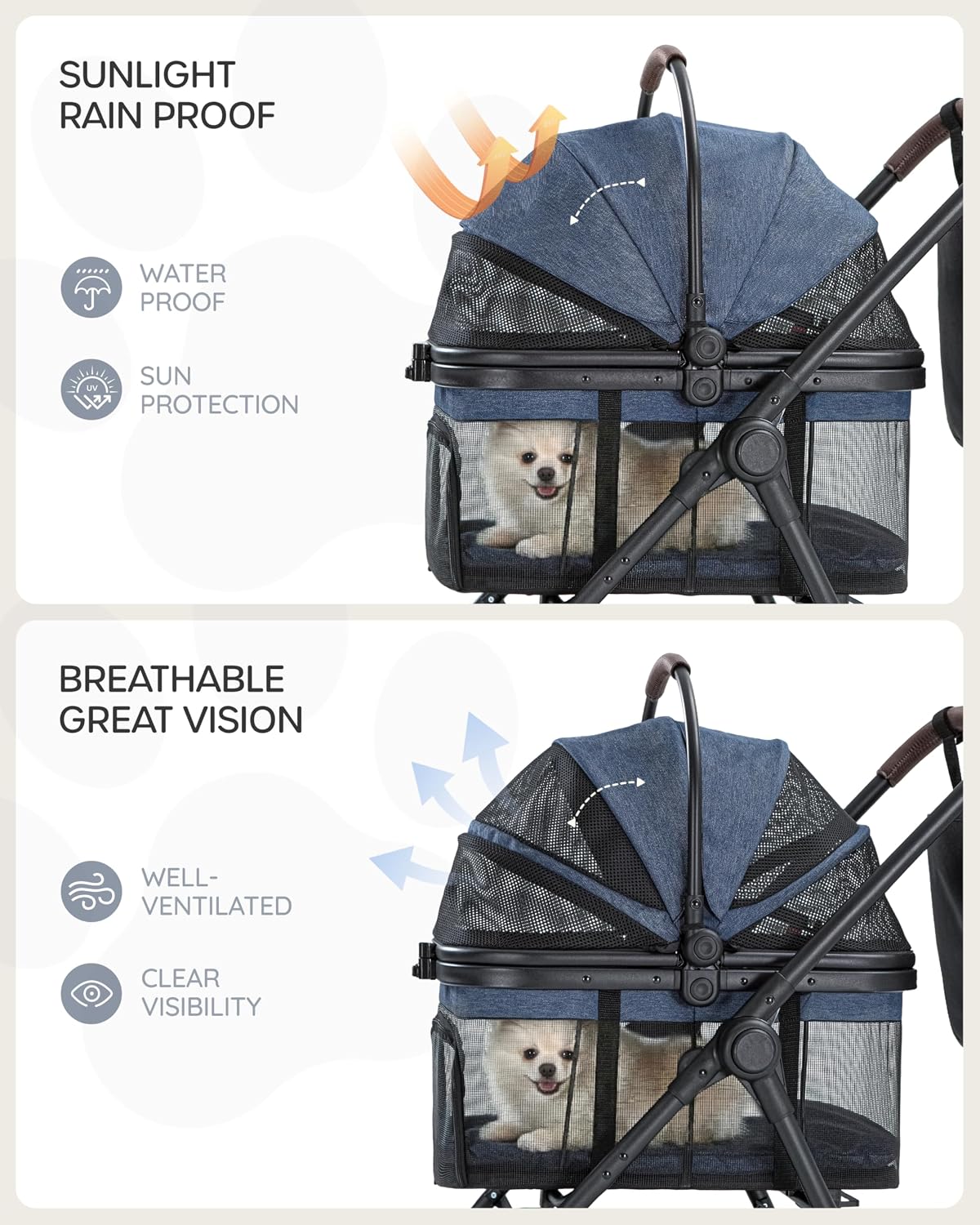 Pet Stroller for Small Dogs & Cats, Foldable with Detachable Carrier