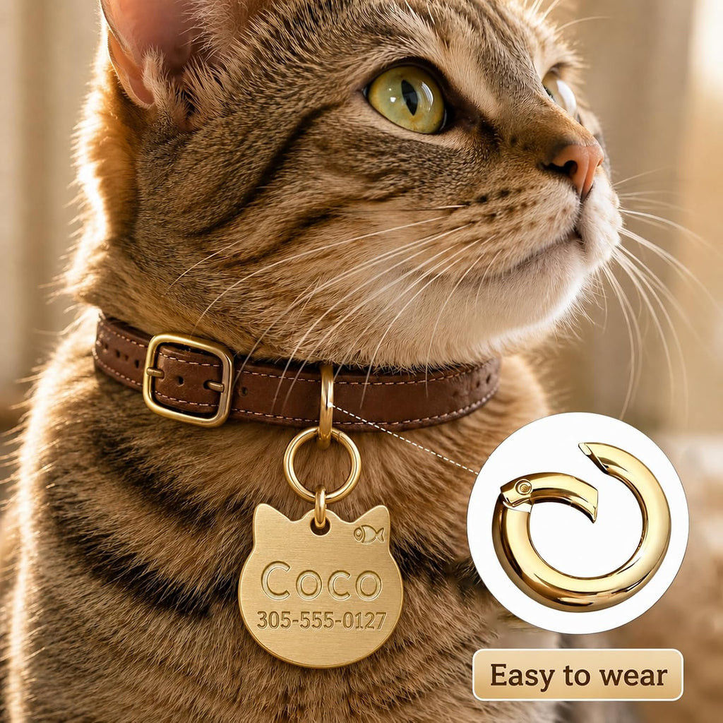 Personalized Cat Tag, Solid Brass Cat ID Tag, Deep Engraved Pet Name Tag