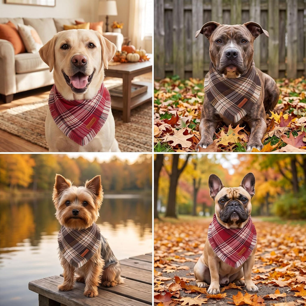 PTDECOR Plaid Fall Dog Bandana, Brown Red Thanksgiving Pet Scarf, X-Large