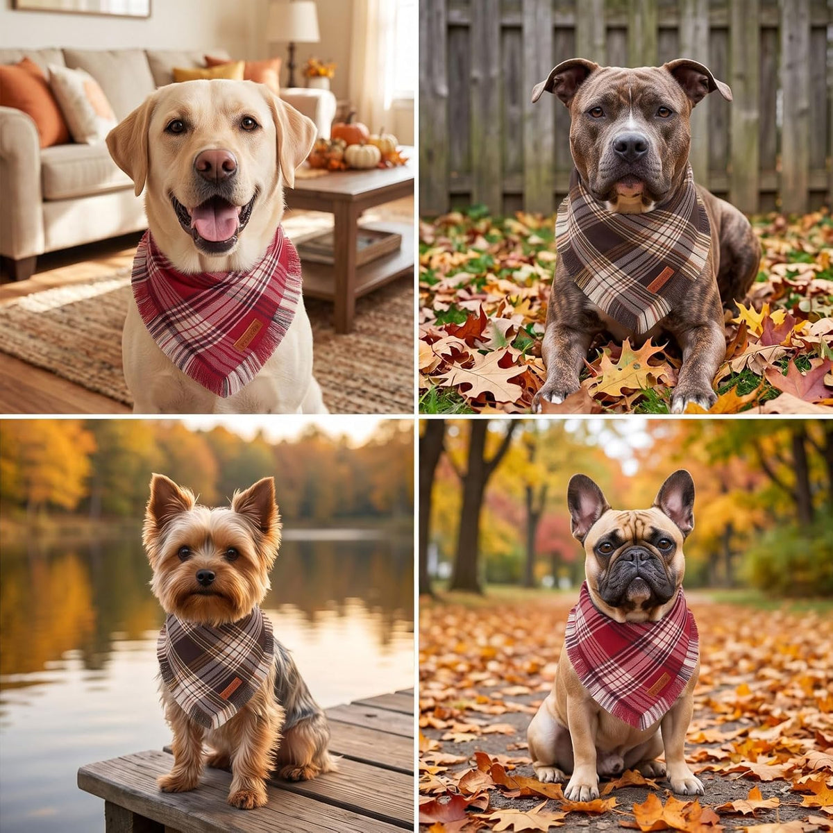 PTDECOR Plaid Fall Dog Bandana, Brown Red Thanksgiving Pet Scarf, X-Large