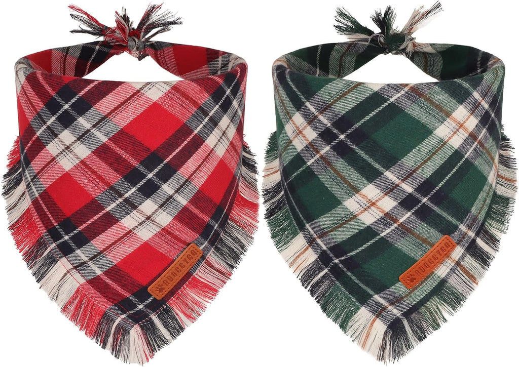 Fall Dog Bandanas with Fringe, Red Brown Plaid Dog Scarf, Large
