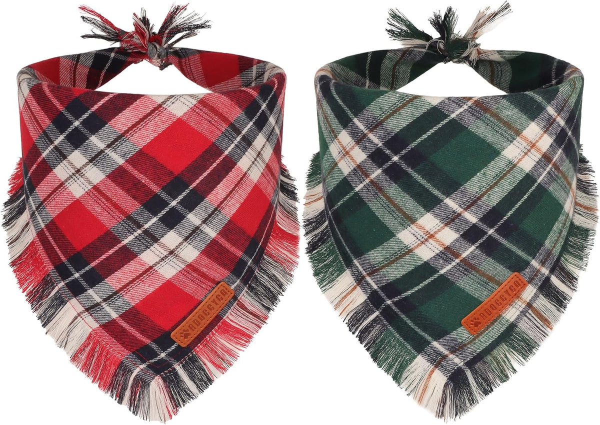 Fall Dog Bandanas with Fringe, Red Brown Plaid Dog Scarf, Large