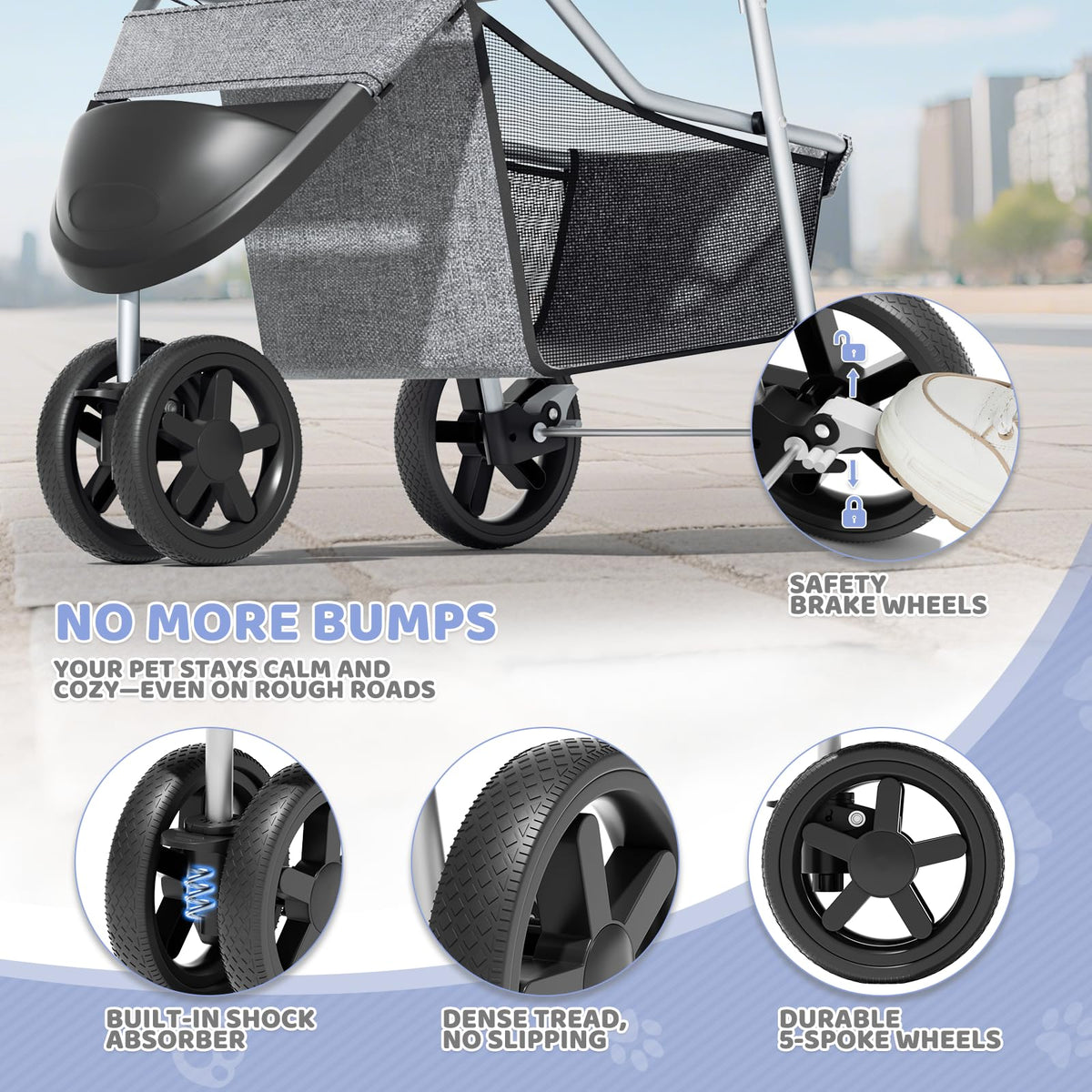 Magshion 3-Wheel Pet Stroller for Small/Medium Dogs Cats, Up to 33lbs, Gray