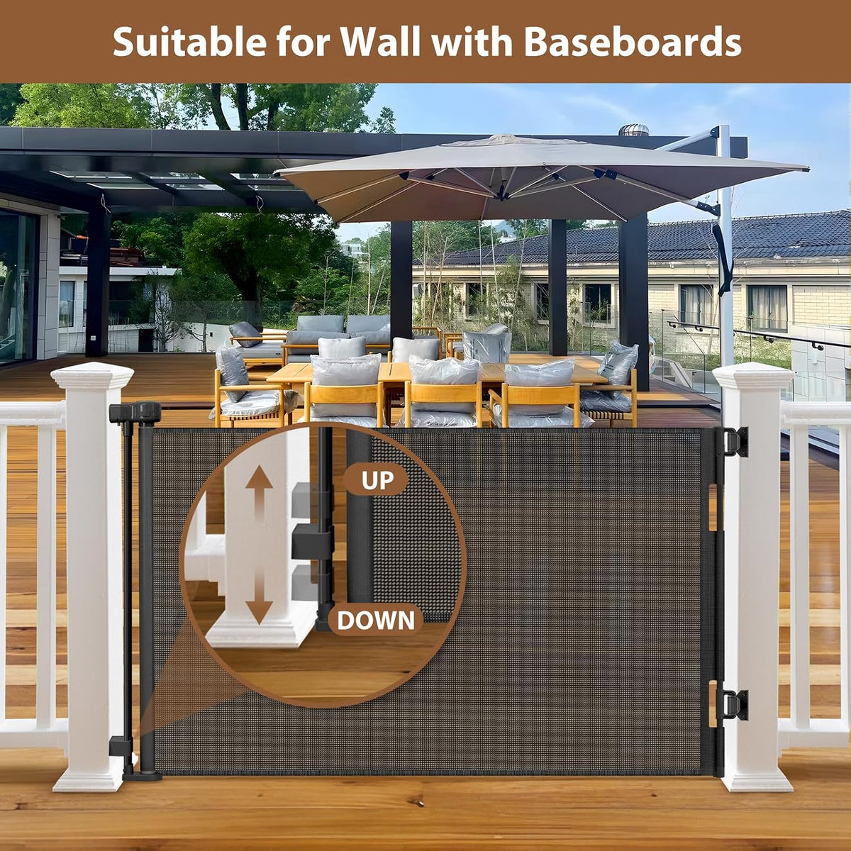 Weatherproof Outdoor Retractable Gate for Dogs, 55" Wide Outdoor Baby Gate