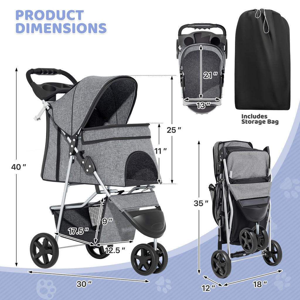 Magshion 3-Wheel Pet Stroller for Small/Medium Dogs Cats, Up to 33lbs, Gray