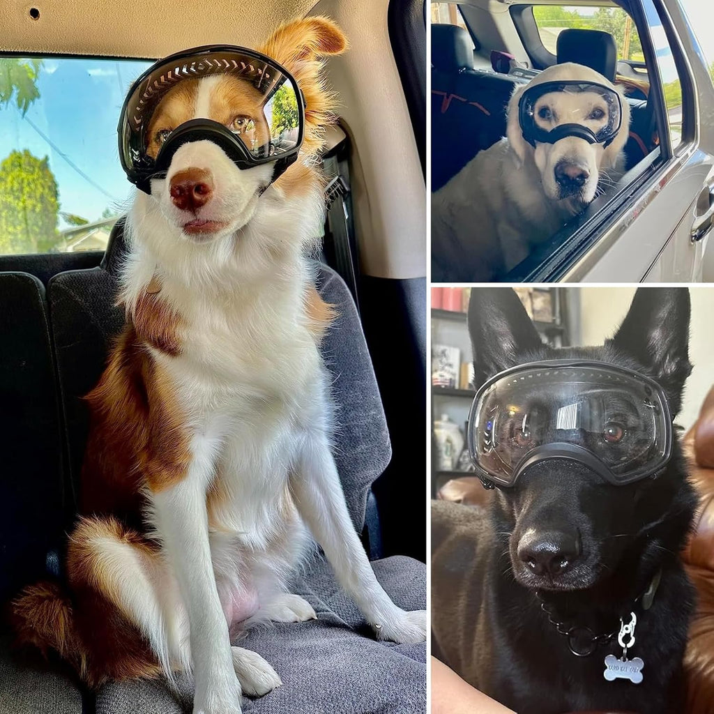 Dog Sunglasses UV Protection Clear Dog Goggles Windproof Glasses with Elastic Straps for Medium-Large Breed, Black Frame