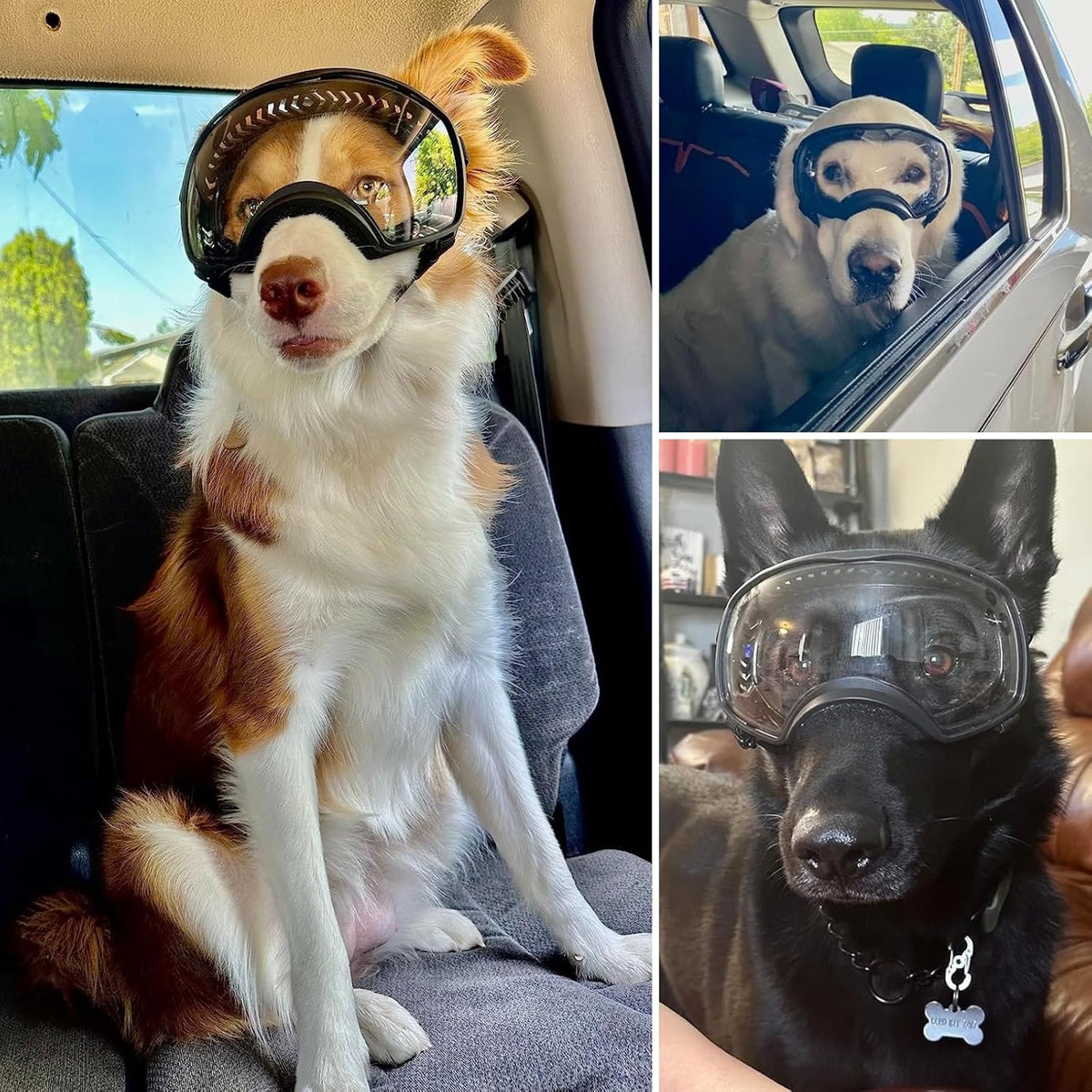 Dog Sunglasses UV Protection Clear Dog Goggles Windproof Glasses with Elastic Straps for Medium-Large Breed, Black Frame