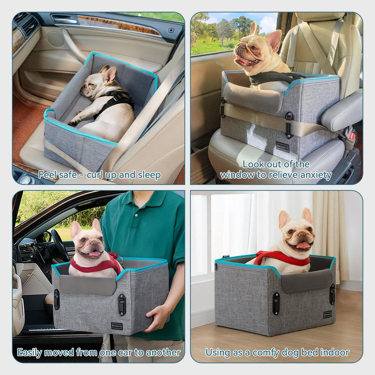 PETSFIT Dog Car Seats for Small Dogs – Patented Safety Buckles – Safety Tether – Foldable Travel Dog Booster Car Seat Reduces Anxiety & Road Trips – Stable Frame, Soft Cushion, Fits Front/Back Seat