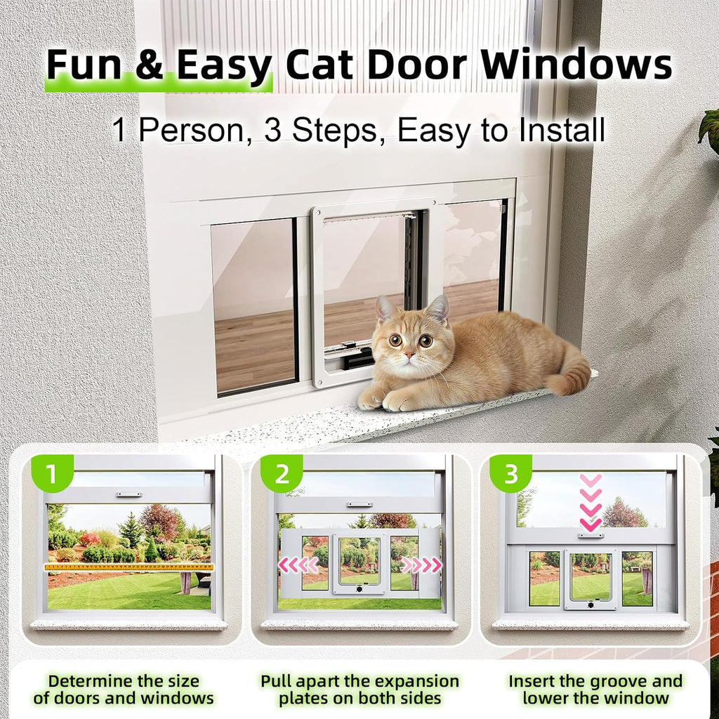 Cat Door for Window, Aluminum Cat Door Window Insert with 4 Secure Lock Modes, Magnetic Closure for Cats, Fit Window Wid