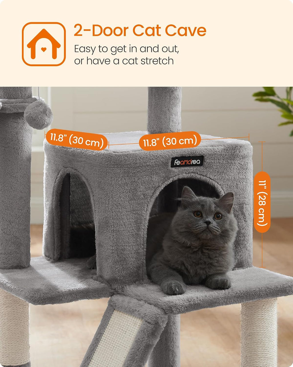 Feandrea Cat Tree, 37.8-Inch Tall Cat Tower, Multi-Level Condo, Light Gray