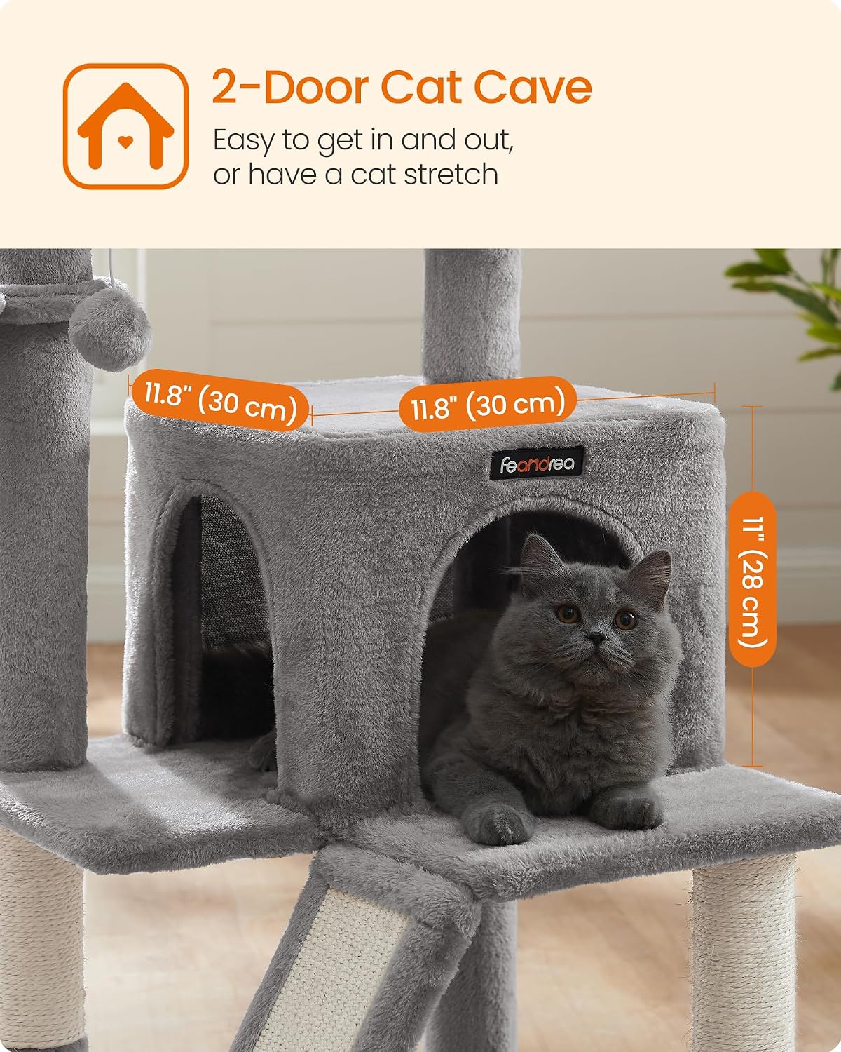 Feandrea Cat Tree, 37.8-Inch Tall Cat Tower, Multi-Level Condo, Light Gray
