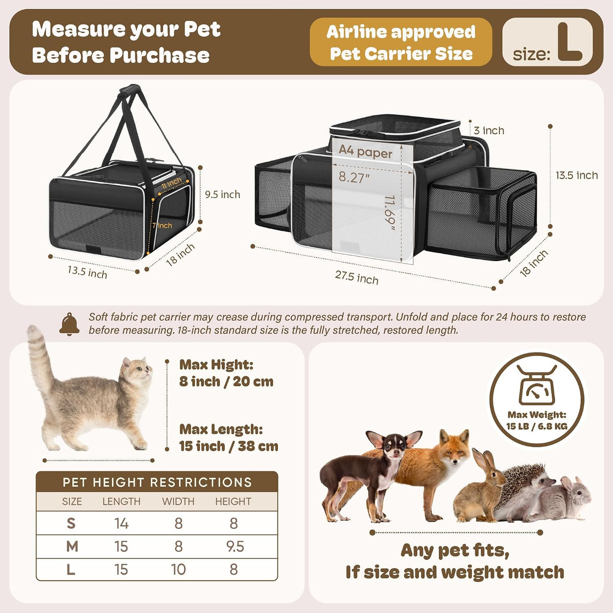 Top and 2 Sides Expandable Cat Carrier 18x13.5x9.5 TSA Airline Approved