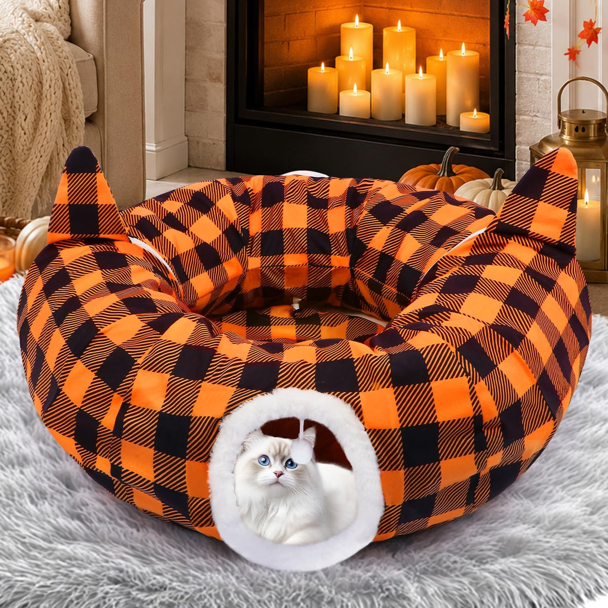 Thanksgiving Fall Cat Tunnel Bed, Cat Bed Cave Donut Tunnel for Indoor Cats