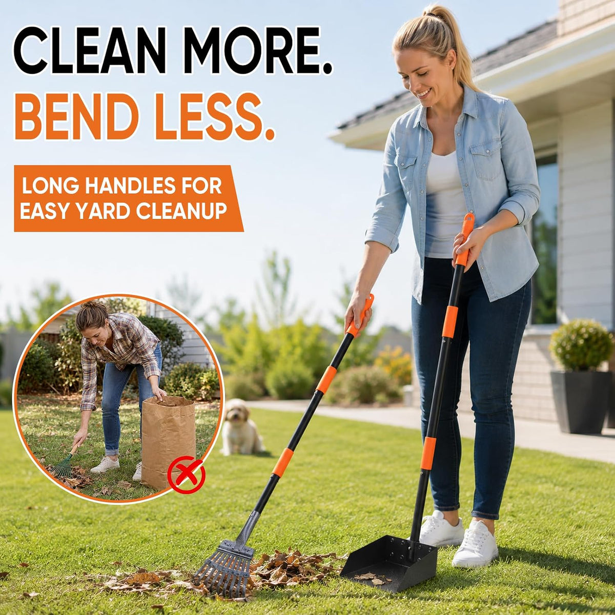 Pooper Scooper for Dogs, Stainless Steel Long Handle Rake Tray Spade Set