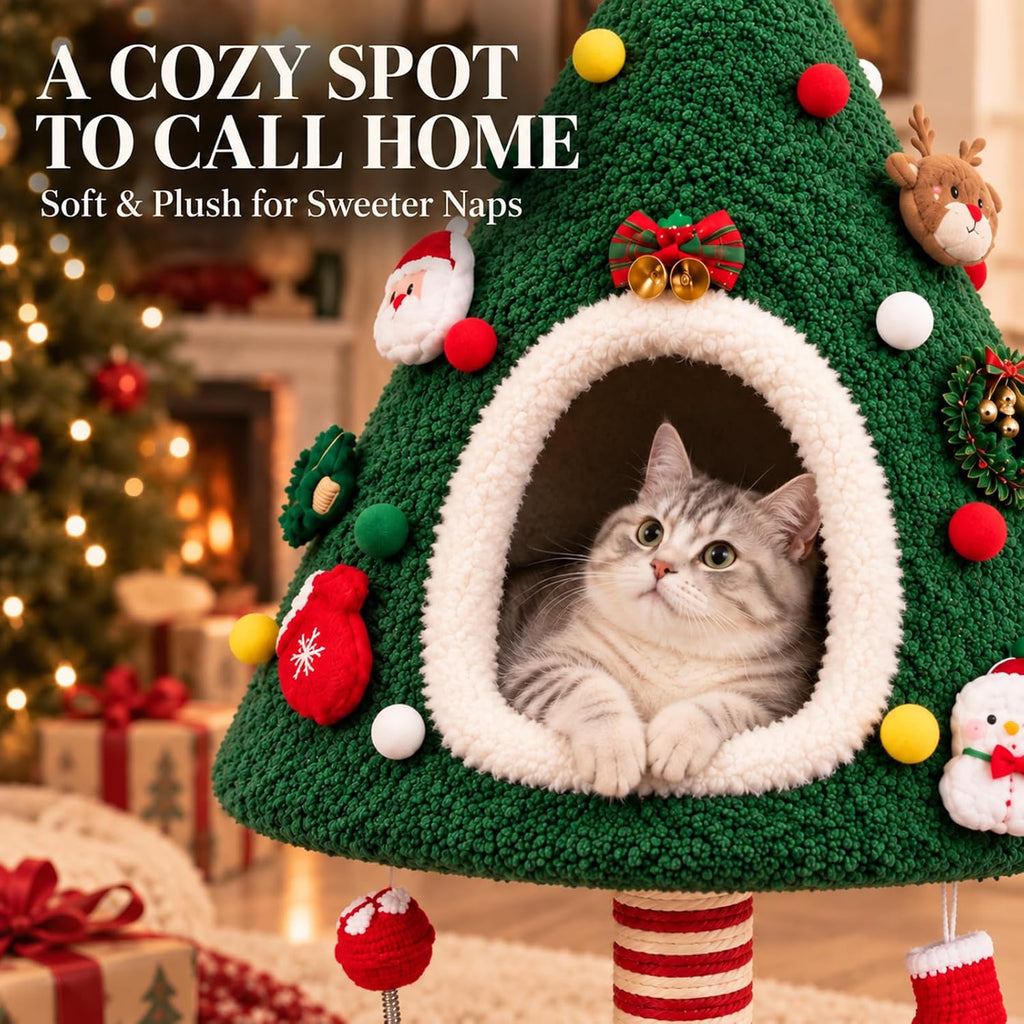 Cat Christmas Tree with Plush Cat Condo and Sisal Scratching Post