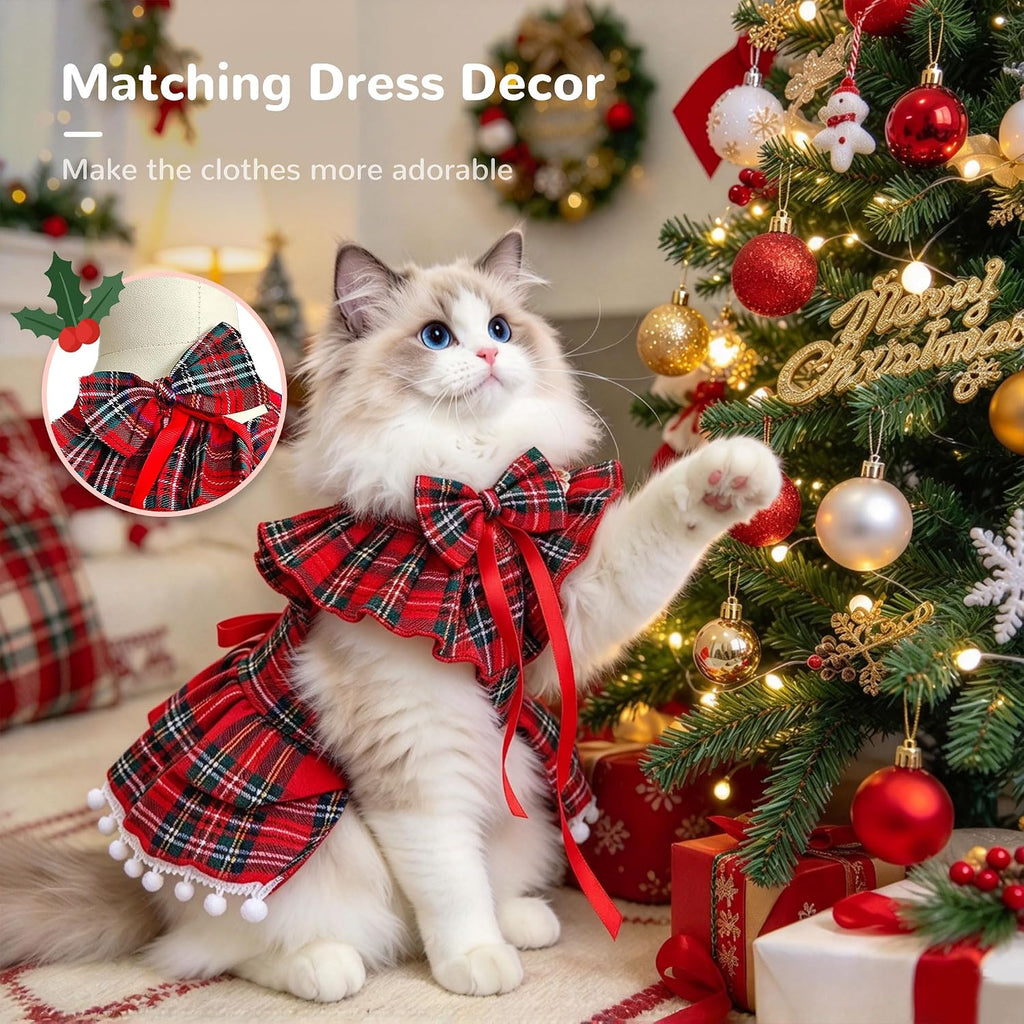 Plaid Small Dog Cat Christmas Dress Outfits with Bow & Leash D-Ring,Soft Breathable Cute Ruffle Xmas Puppy Clothes Girl,
