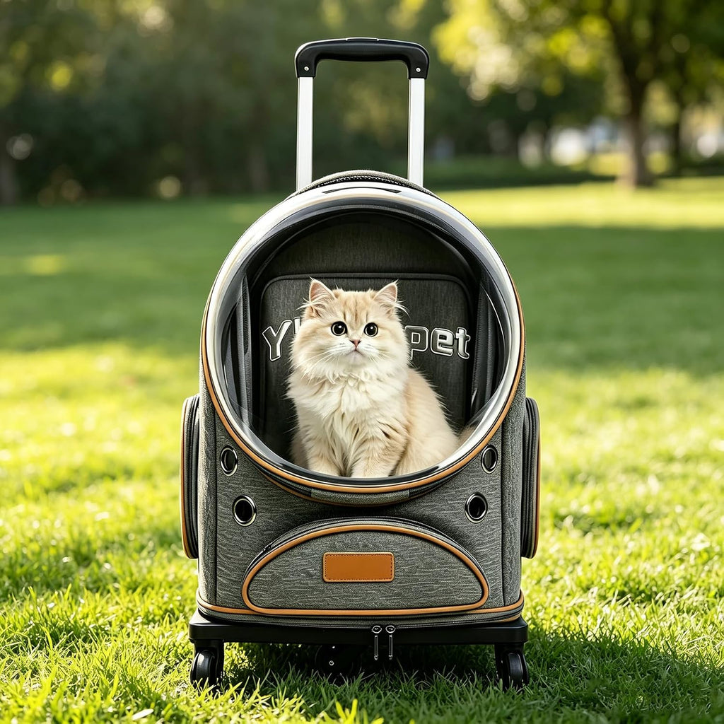 Cat Carrier Backpack with Trolley, Space Capsule Bubble Window (Gray)