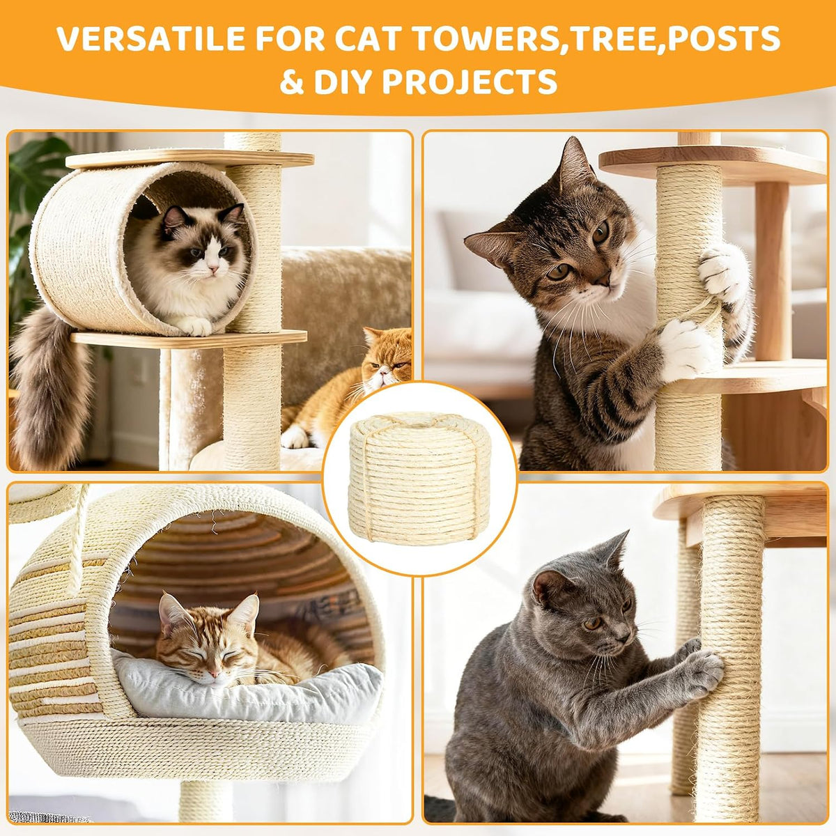 White Sisal Rope for Cat Tree and Scratching Post 5mm 1/5 Inch, 100 Feet