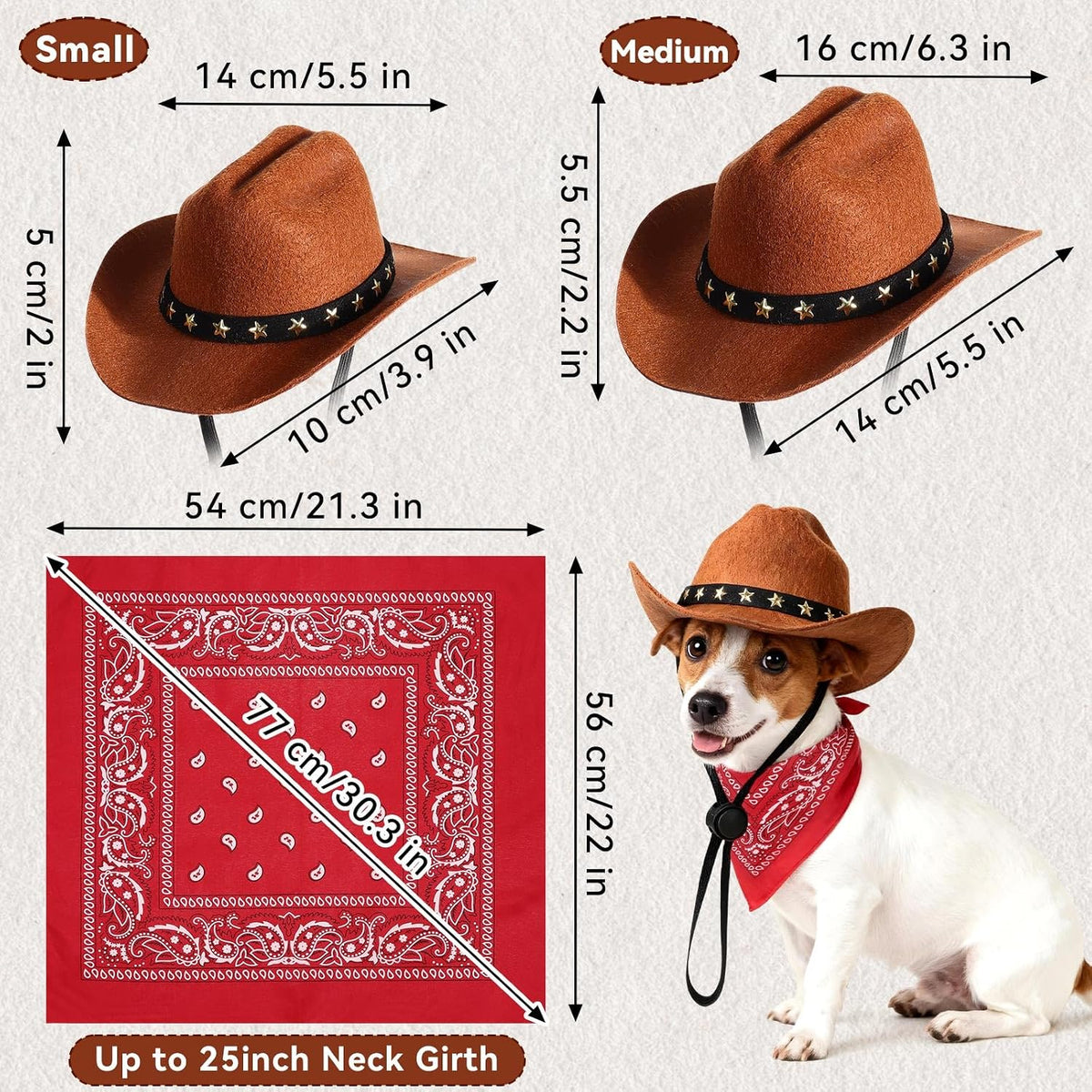 Pet Cowboy Costume, Dog Cowboy Hat with Bandana Scarf, Adjustable Cat Cowboy Hat for Party Cosplay Christmas, Halloween 