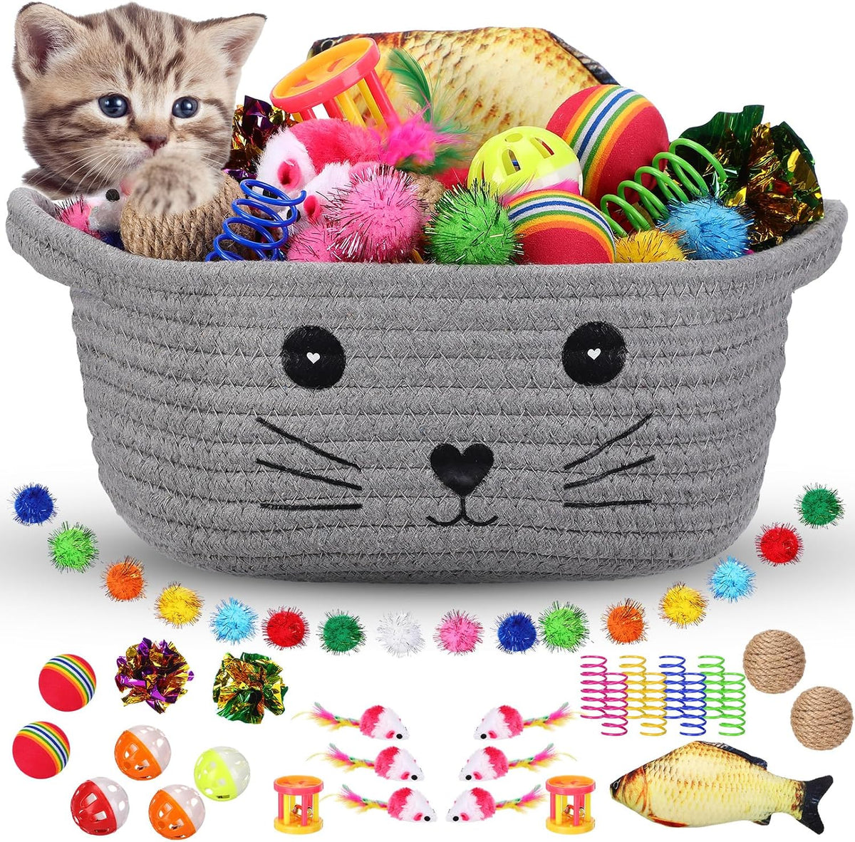 Zopeal 58 Pcs Cat Toy Set with Storage Basket Indoor, Grey, 9.8 Inch