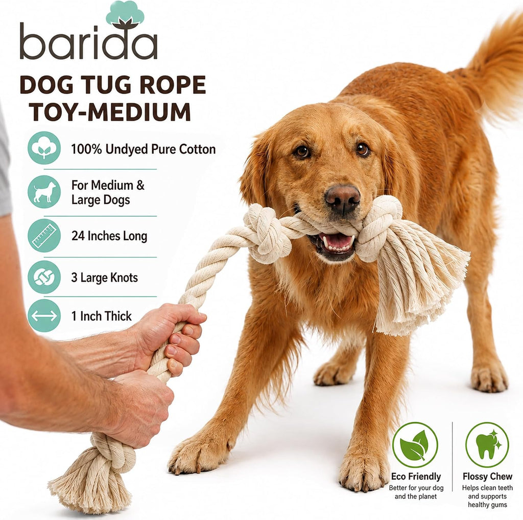 Barida Natural White Cotton Tough Dog Rope Toy for Medium & Large Dogs. Non Toxic and Premium Rope Toys for Dogs.