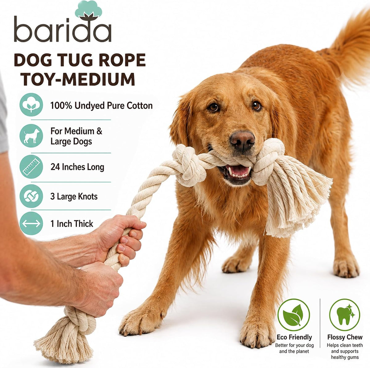 Barida Natural White Cotton Tough Dog Rope Toy for Medium & Large Dogs. Non Toxic and Premium Rope Toys for Dogs.