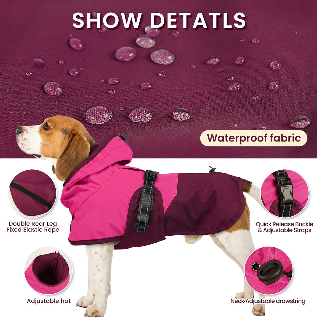 BRKURLEG Dog Raincoat, Waterproof Rain Jacket with Hood, Rose Red, M