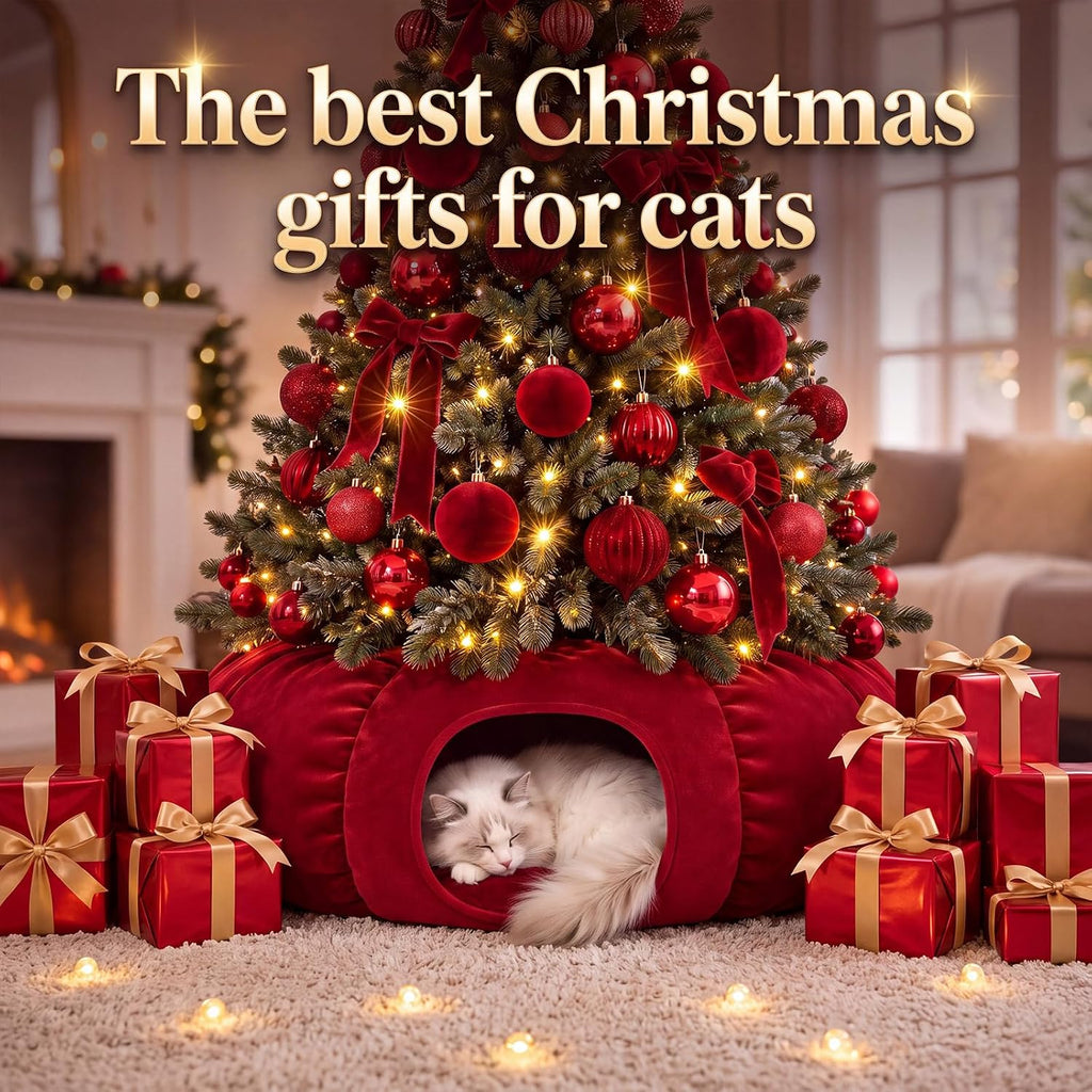 Christmas Tree Cat Tunnel 36in Donut Bed, Red, Velvet, Fluffy
