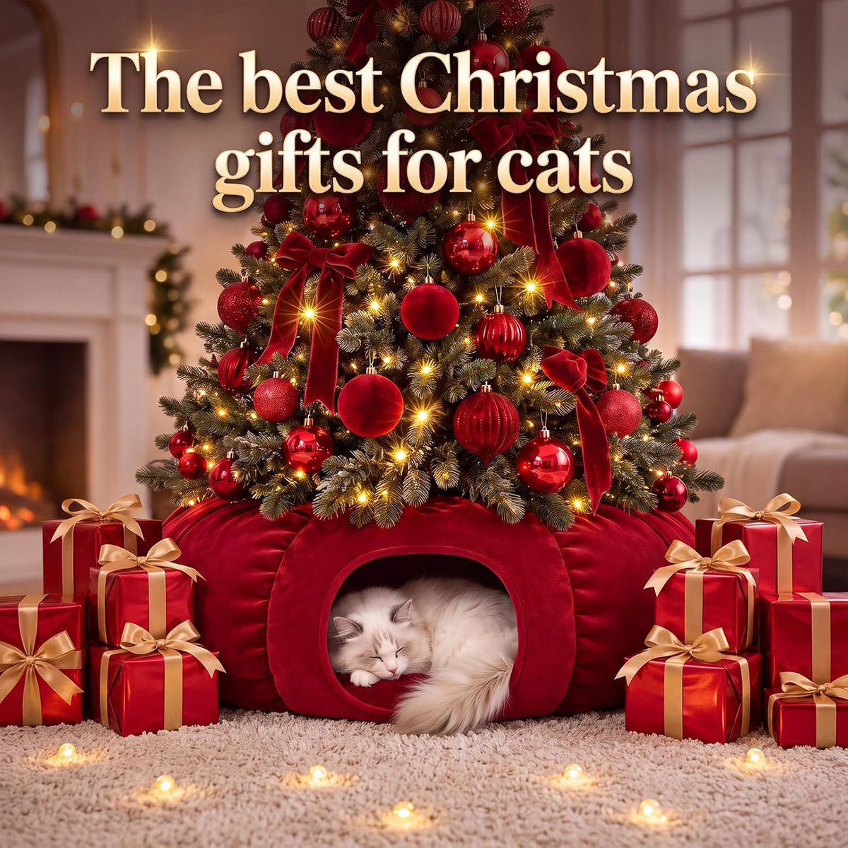 Christmas Tree Cat Tunnel 36in Donut Bed, Red, Velvet, Fluffy