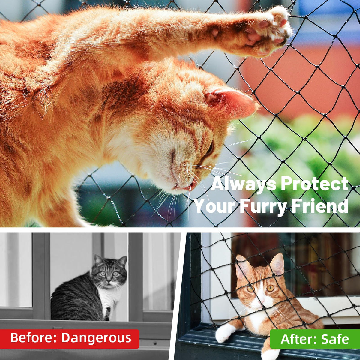 Lewondr 10x13ft Cat Netting Balcony Steel Wire Reinforced Pets Screen