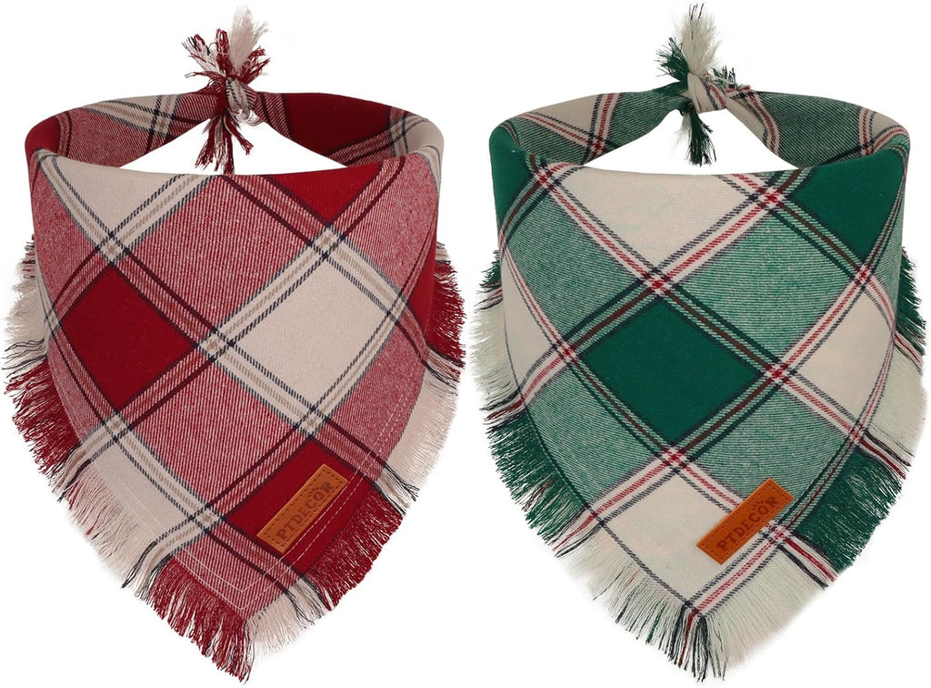 PTDECOR Fall Plaid Dog Bandana with Tassels,Thanksgiving Pet Scarf, Large