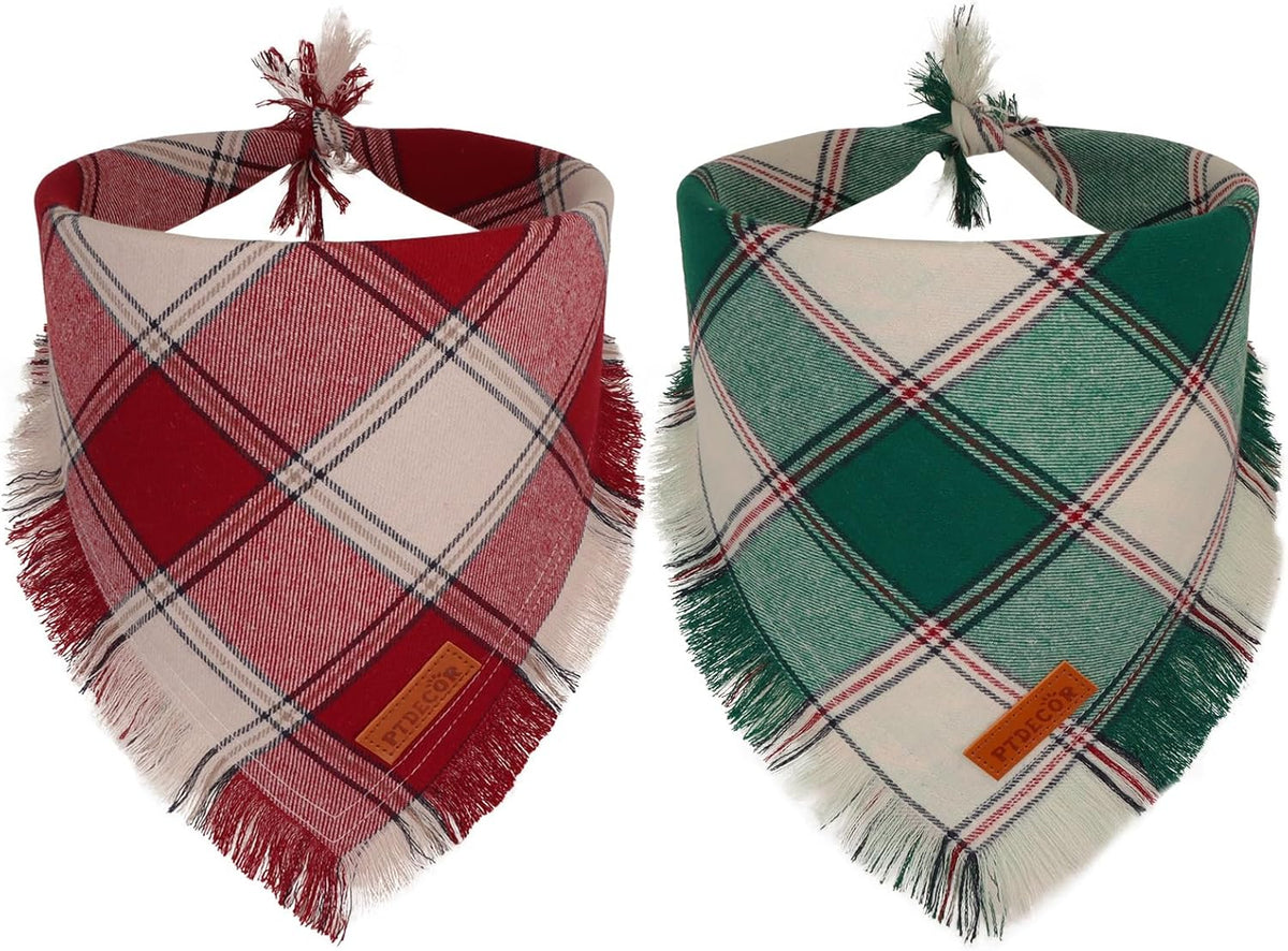 PTDECOR Fall Plaid Dog Bandana with Tassels,Thanksgiving Pet Scarf, Large
