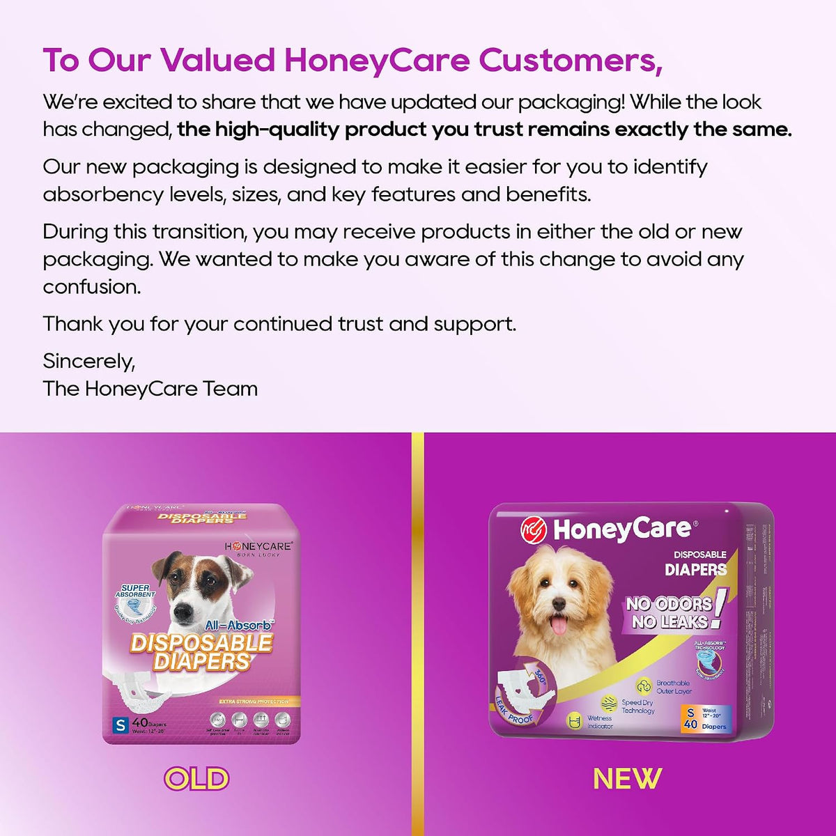HONEY CARE All-Absorb Disposable Female Dog Diapers Small Size, Improved, 40 Count, Super Absorbent, Breathable, Wetness