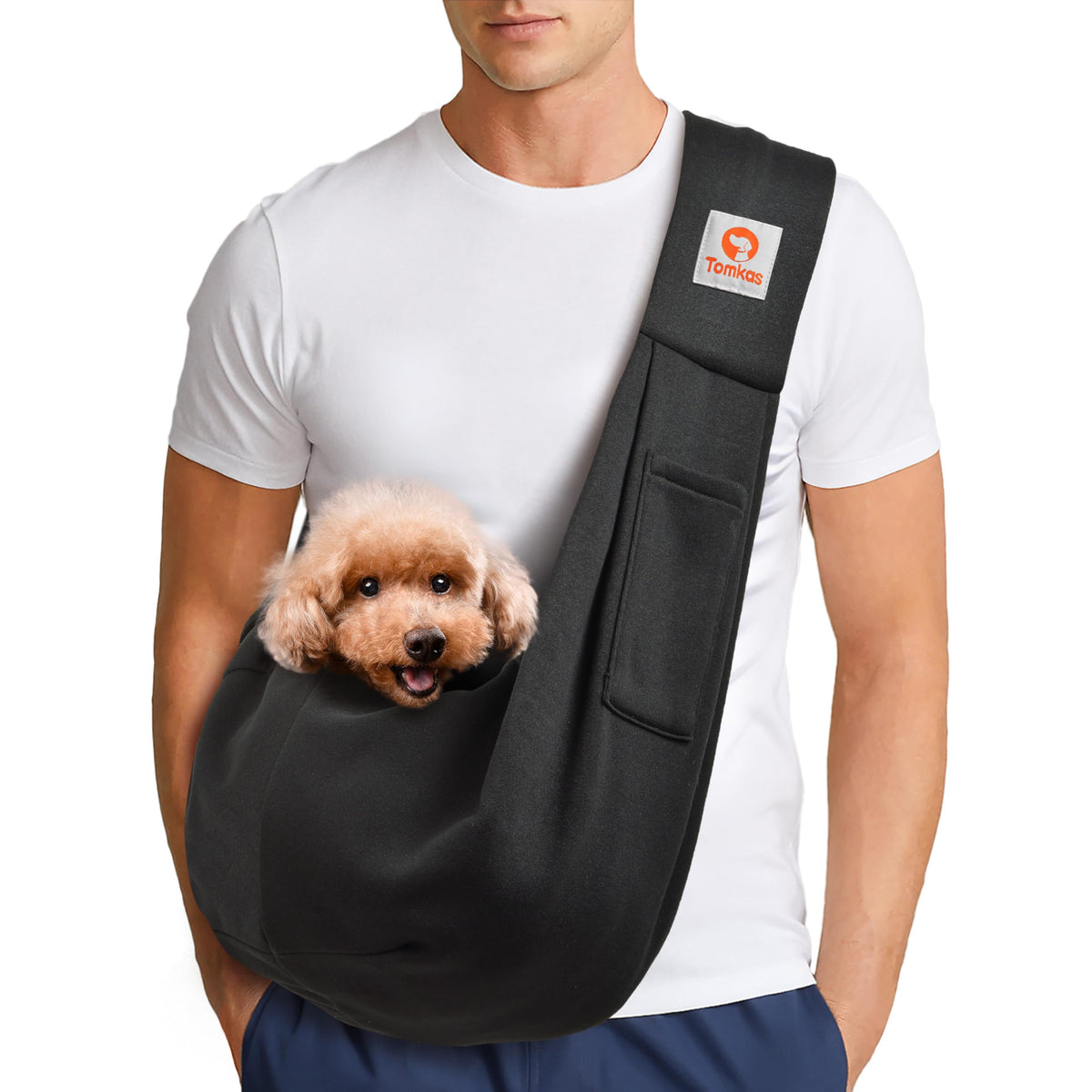 Tomkas Small Dog Cat Sling Carrier Puppy Purse Travel Wrap Soft Crossbody Pet Bag (Black1, M - Classic Pocket & Classic Strap)