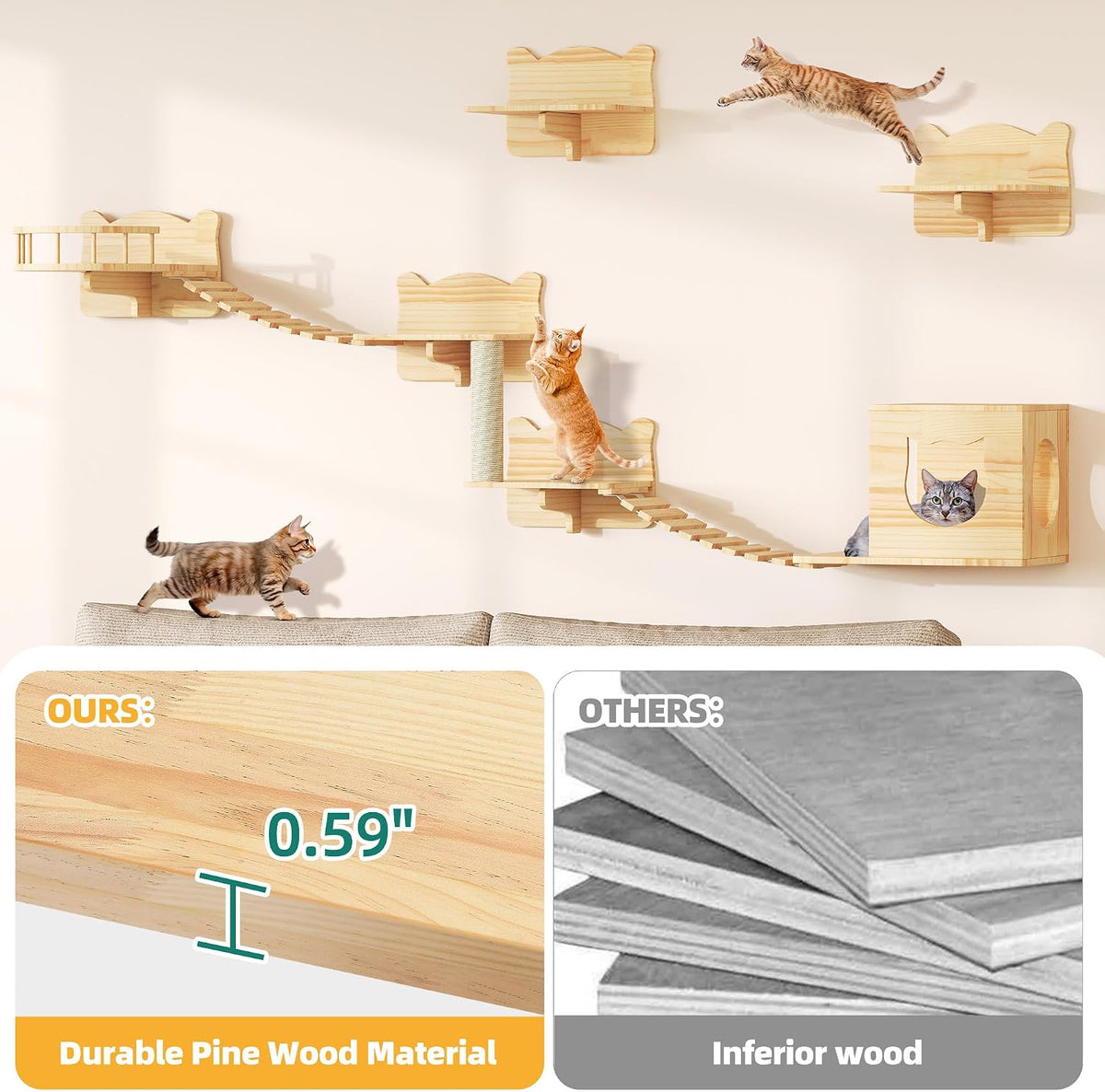 Cat Wall Shelves, 9-in-1 Wood Cat Wall Furniture Set, Burlywood