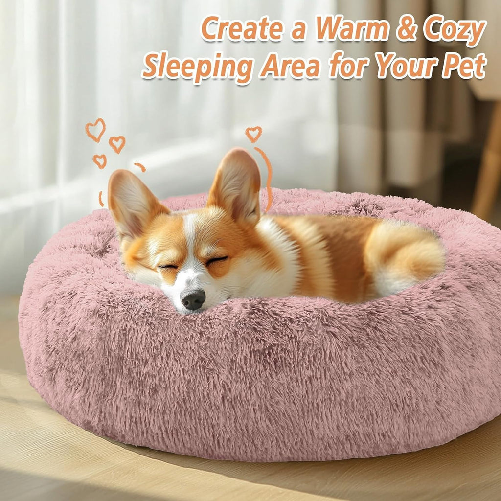 JOLLYVOGUE Calming Dog Bed Medium Size Dog, Anti-Anxiety Donut Medium Pet Bed, 27 inches Fluffy Faux Fur Round Cat Bed (