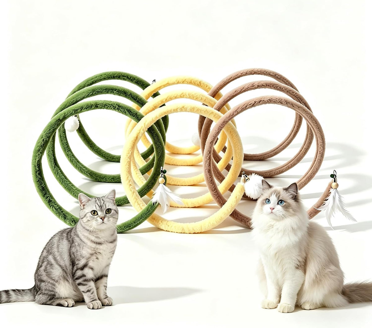 Shapeable Bendable Plush Spiral Cat Tunnel Toy with Bell & Feather 28*12in