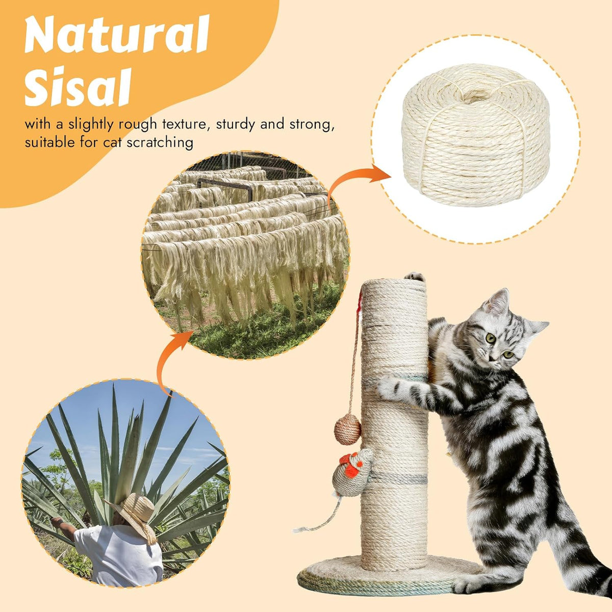 164 Ft Sisal Rope for Cat Tree, 1/6 Inch Natural Twine, White Color