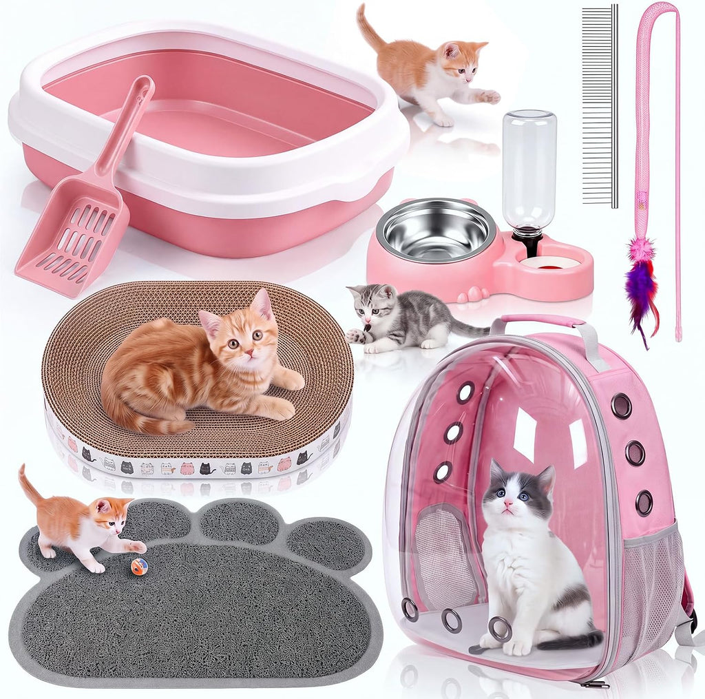 8 Pcs Kitten Supplies Starter Kit Cat Starter, Backpack, Pink-1