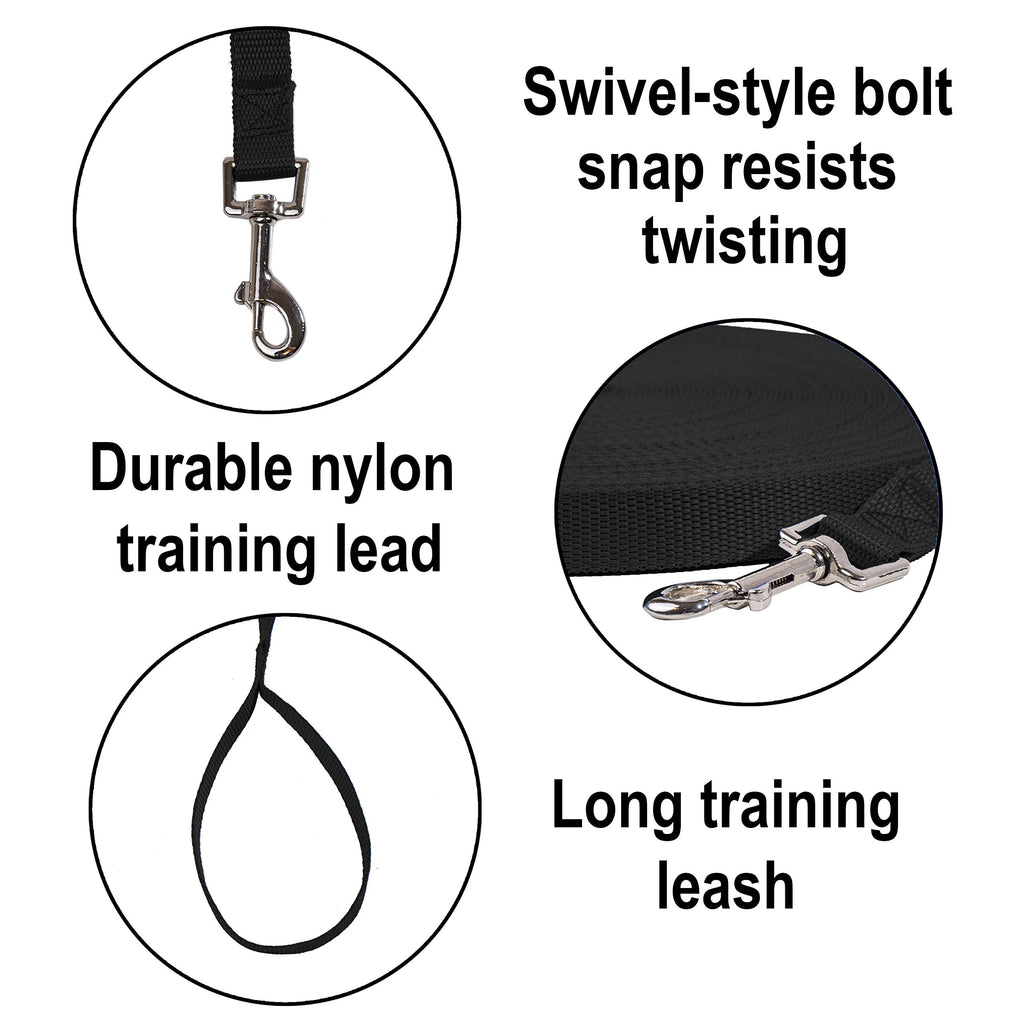 Hi Kiss Dog/Puppy Obedience Recall Training Agility Lead - 15ft 20ft 30ft 50ft 100ft Training Leash - Great for Play, Camping, or Backyard - Black 30ft