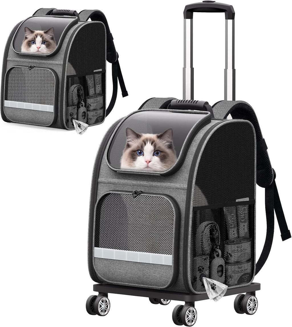 Rolling Cat Carrier Backpack with Wheels for Cats Small Dogs, Gray