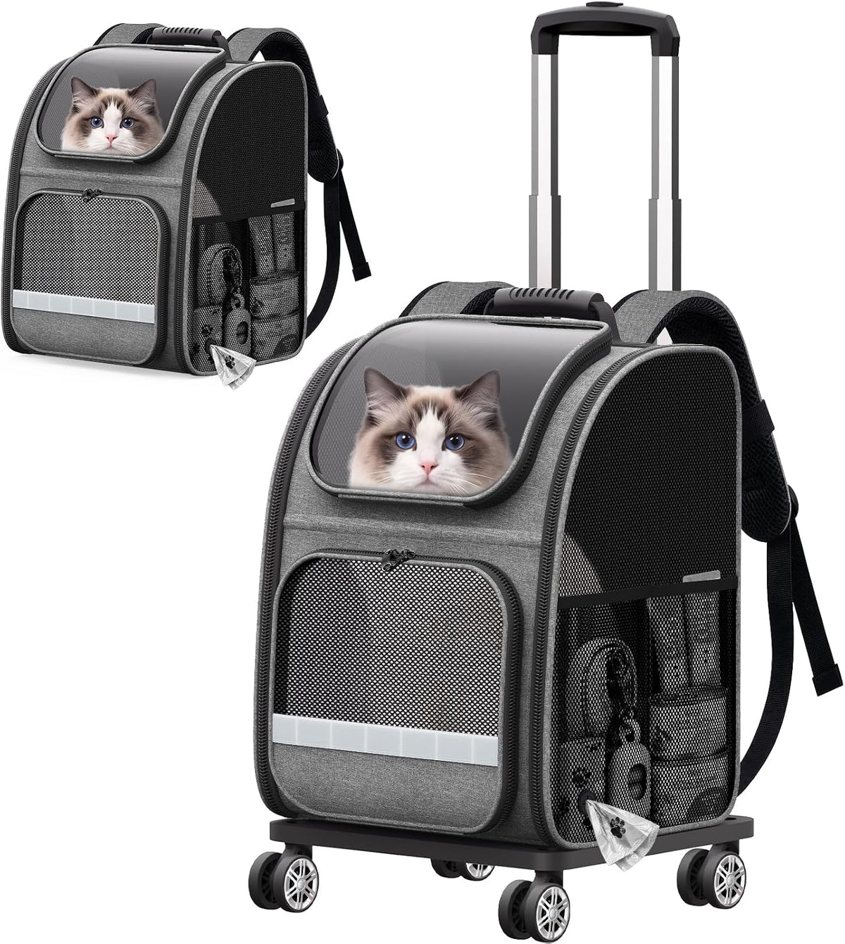 Rolling Cat Carrier Backpack with Wheels for Cats Small Dogs, Gray