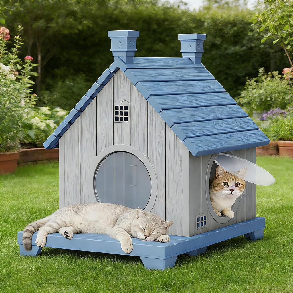 Outdoor Cat House Weatherproof, Durable Resin Cat Houses for Outdoor Indoor Cats, Litter Box Enclosure with Elevated Bas