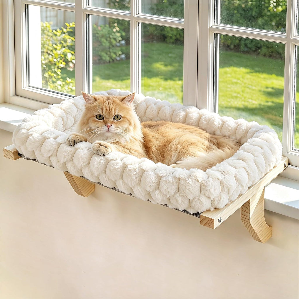 Cloud-soft Wooden Cat Window Sill Perch with Zipper Cushion,L White